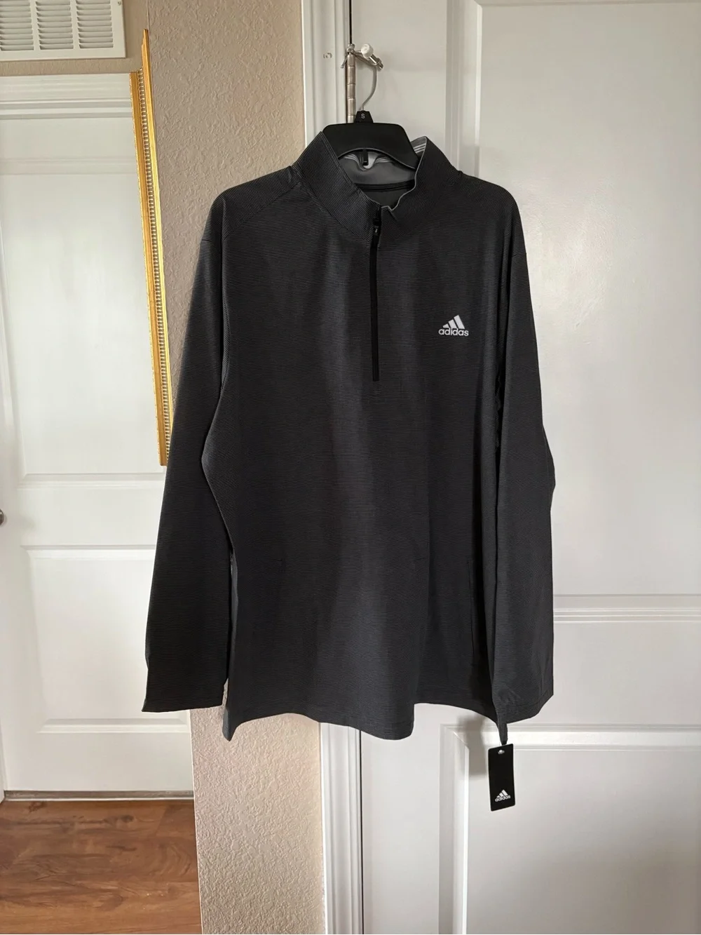 Adidas French Terry Dark Grey Striped Half-Zip Golf Pullover